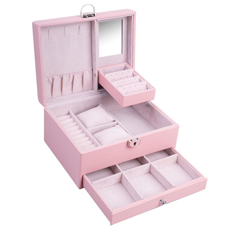 Kare Lüks Pembe Siyah Deri Mücevher Seti/ Yüzük/Kulaklık/ Kolye/ Bilezik/ Saat Depolama Ekran Kutusu